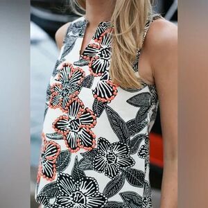 J Crew Polynesian Floral Notched Shell Top Women 4 Black Orange Beaded Preppy